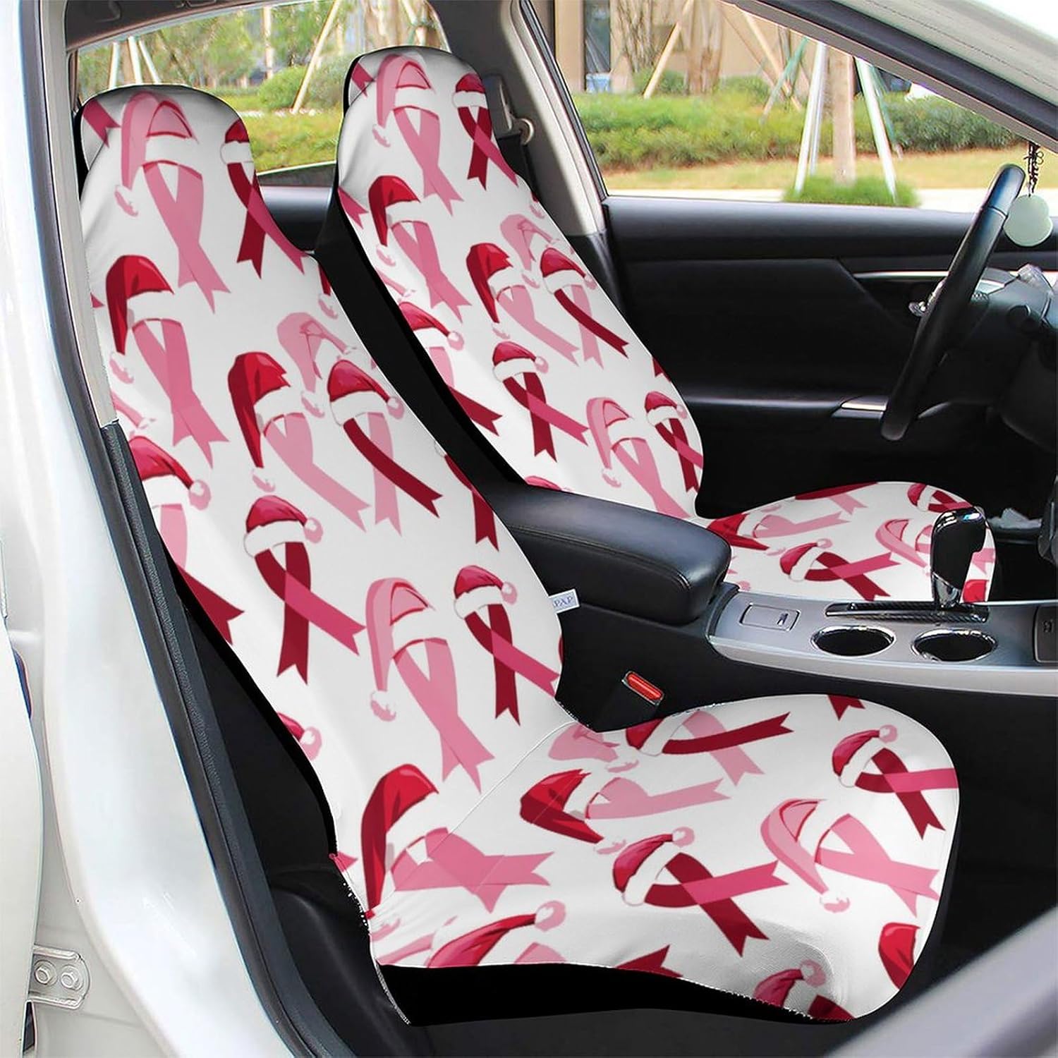 Breast Cancer Christmas Santa Hat Ribbon Car Seat Covers Automotive Seat Covers Car Seat Protector Auto Front Seats Protector for Most Cars 2PCS