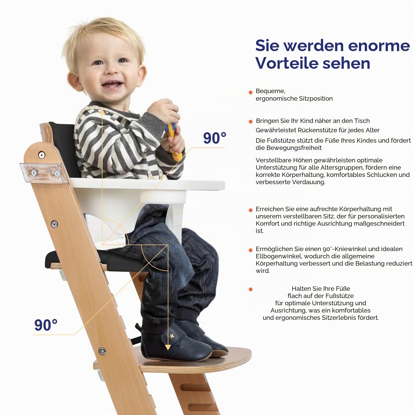 Cowiewie Hochstuhl mitwachsend ab 6 Monaten bis 90kg, Naturholz, 8-fach höhenverstellbar, abnehmbares Tablett, gepolsterter Sitz (Schwarz)