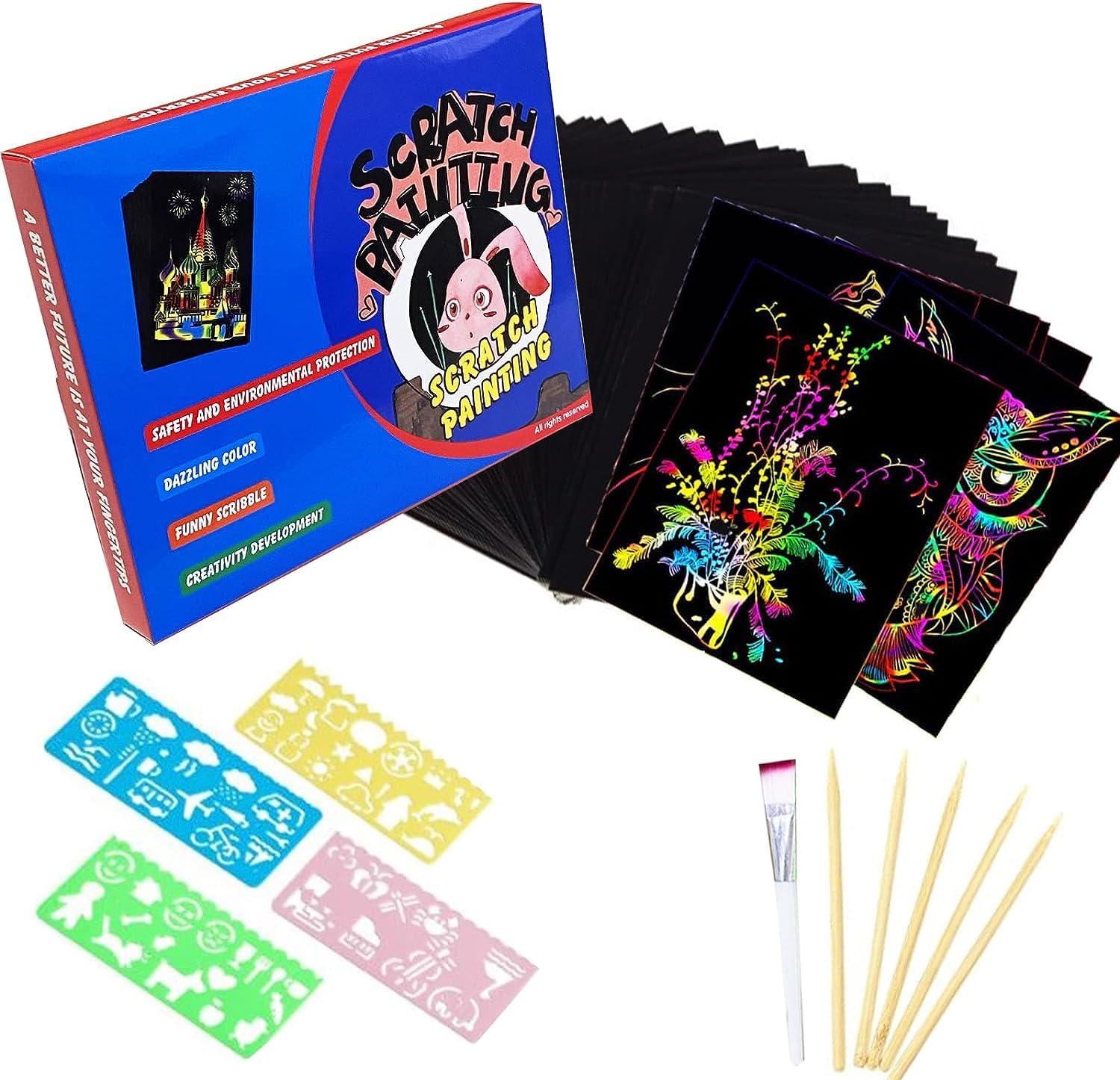 Mumoo Bear Scratch Art for Kids, Magic Rainbow Scratch Art Crafts Paper Pad Kits for Kids Supplies, 50Pcs Black Scratch Sheets Cards Set for Boys Girls Birthday Party Activities Games Gifts