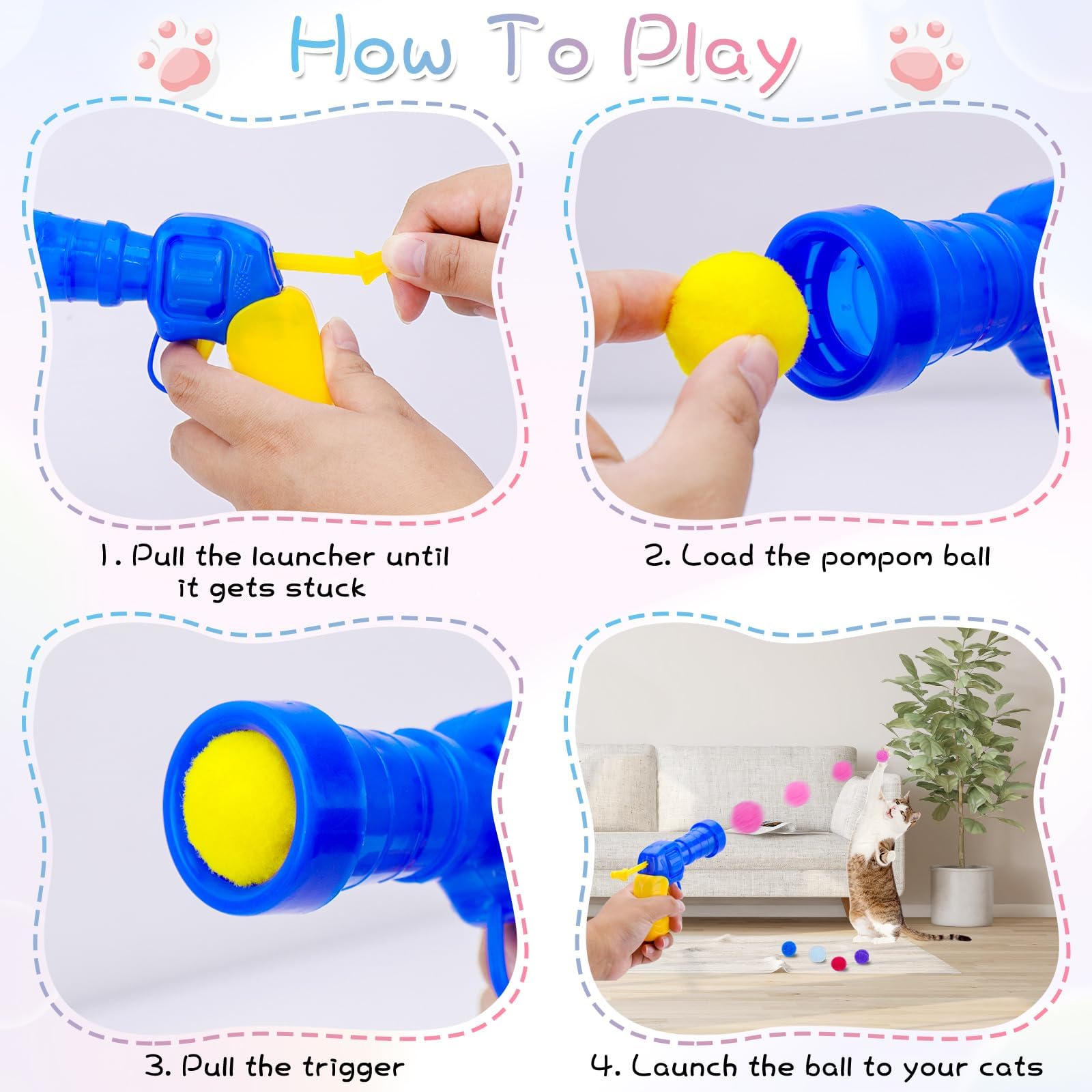 Cat Ball Launcher, Interactive Cat Toy Ball with 100 Soft Pom Pom Balls, Cat Toy Balls with Gun, Cat Felt Balls - Image 2
