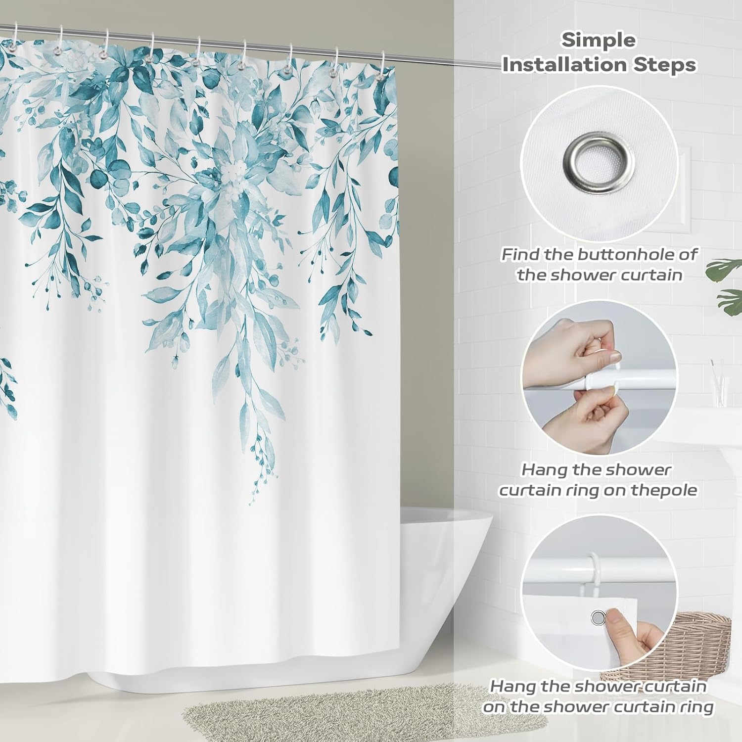 Teal Eucalyptus Shower Curtain,Watercolor Spa Blue Plant Botanical Floral on The Top Design Waterproof Fabric Bath Curtain Set with 12 Hooks,Spring Modern Farmhouse Decor,72 x 72 Inches