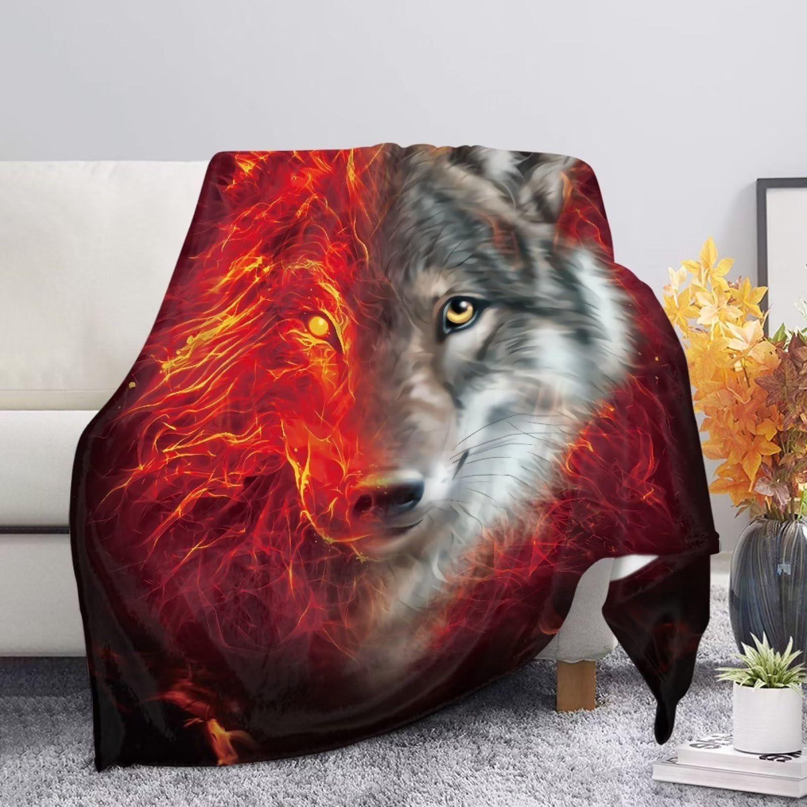 UOIMAG Fire Wolf Blankets Flannel Throw Microfiber Comfy Blanket Winter Warm Bedding Sofa Blankets Size XS โ image 1