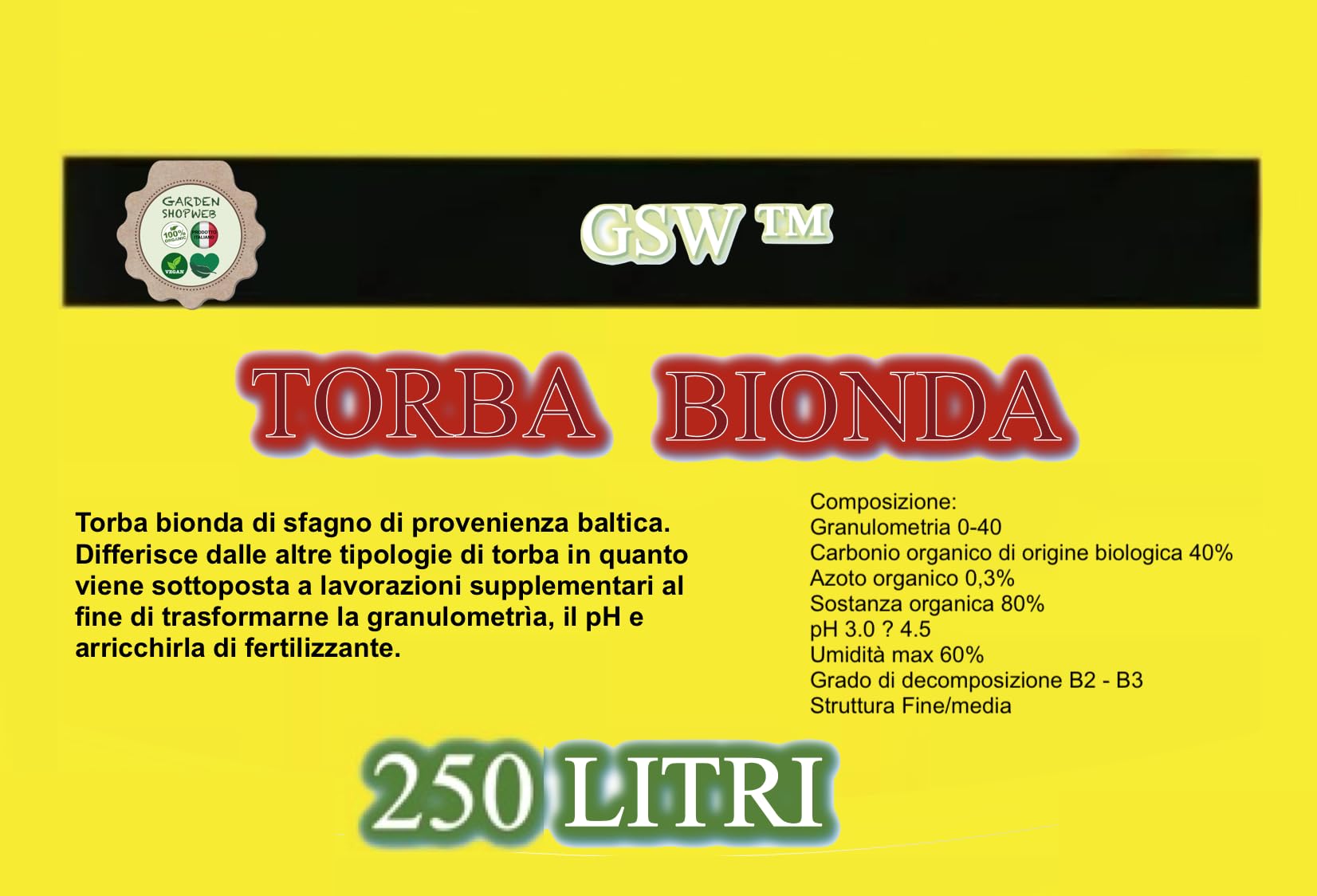 TORBA (BIONDA) ACIDA DI SFAGNO (BALTIC PEAT) (c.ca 32-38 kg – 250 lt). (250 Litri Sacco)