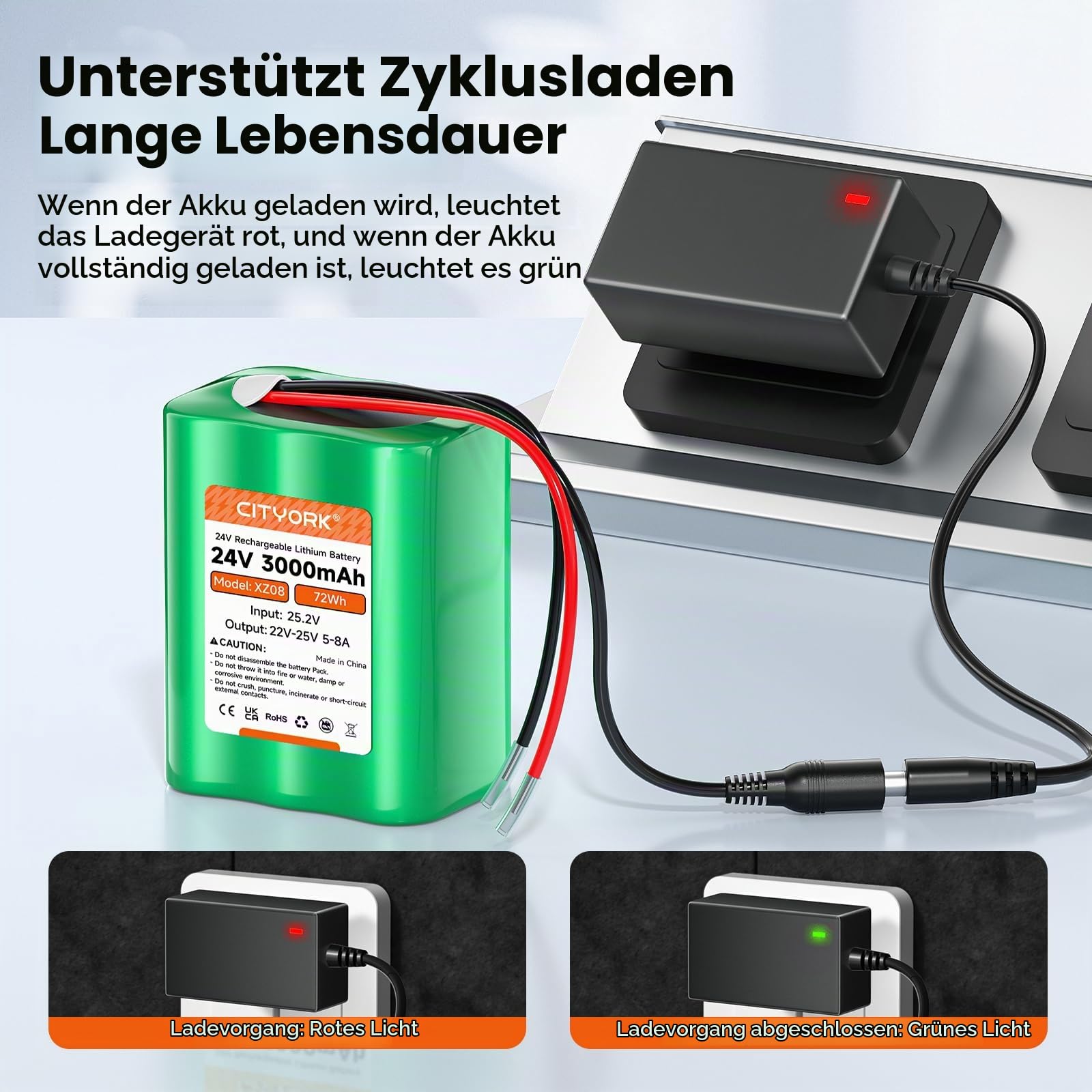 CITYORK 24 V 3000mAh wiederaufladbarer Lithium-Ionen Akku für DIY-Projekte, Boot, CCTV-Kamera, Fischfinder, LED-Lichtleiste und mehr