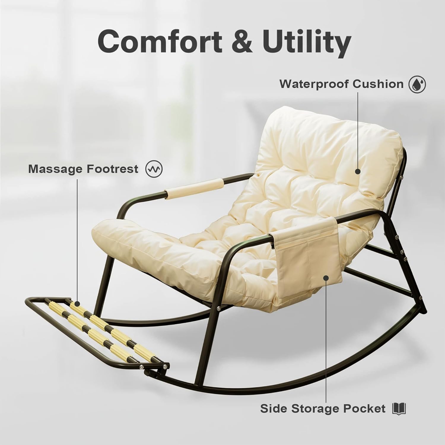 Oversized Rocking Chair Papasan Rocking Chair with Thick Cushion Massage Footrest, Comfy Side Pockets Rocker Chair for Indoor Outdoor Bedroom Deck Patio Garden-Gray (1)