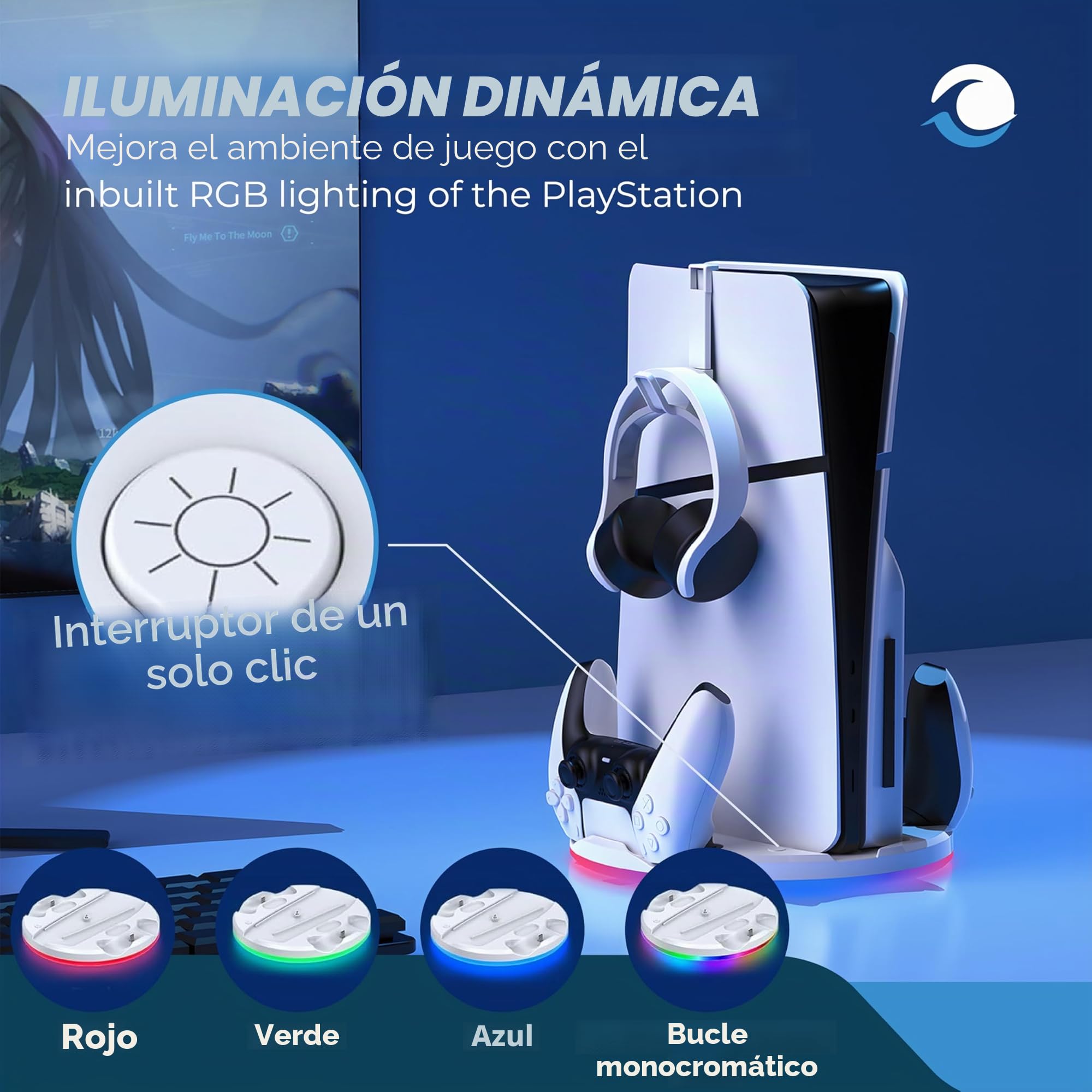 Soporte con Cargador de Controlador Dual para PS5 Slim – PlayStation 5 – Base con Base de Carga para Controlador Dual y Soporte para Auriculares – Iluminación RGB – Carga rápida – para Doble Sense y
