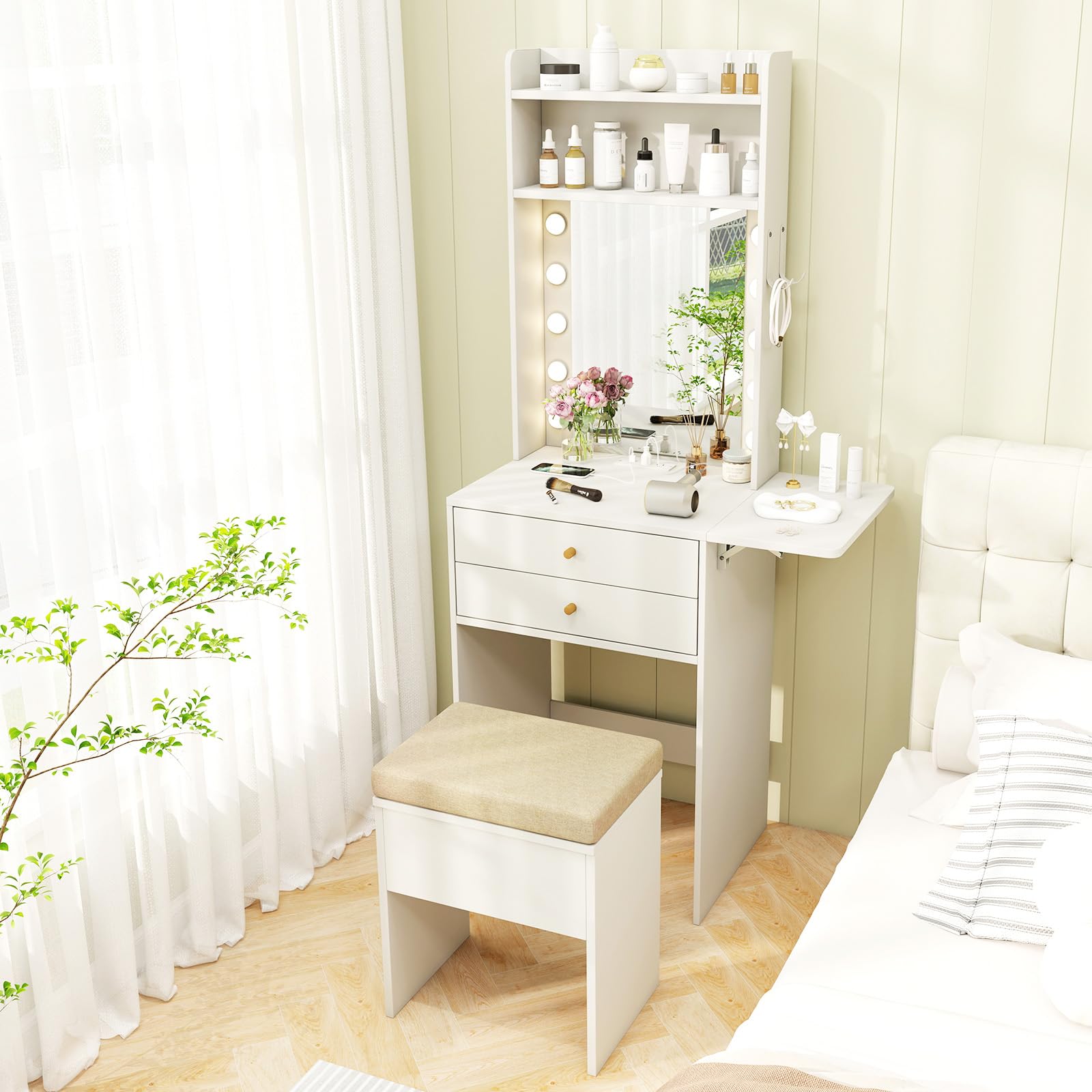 CHARMAID Small Vanity Desk with Mirror and Lights, White Makeup Vanity Table with Storage Bench, Drawers, Shelves, Foldable Side Table, Charging