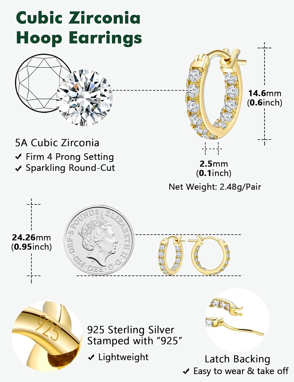 925 Sterling Silver/14K Gold Plated Hoop Earrings for Women Sensitive Ears Cubic Zirconia Cz Earrings Lab Diamond Wedding Earring Huggie Hoops 26/20/15mm - Image 6