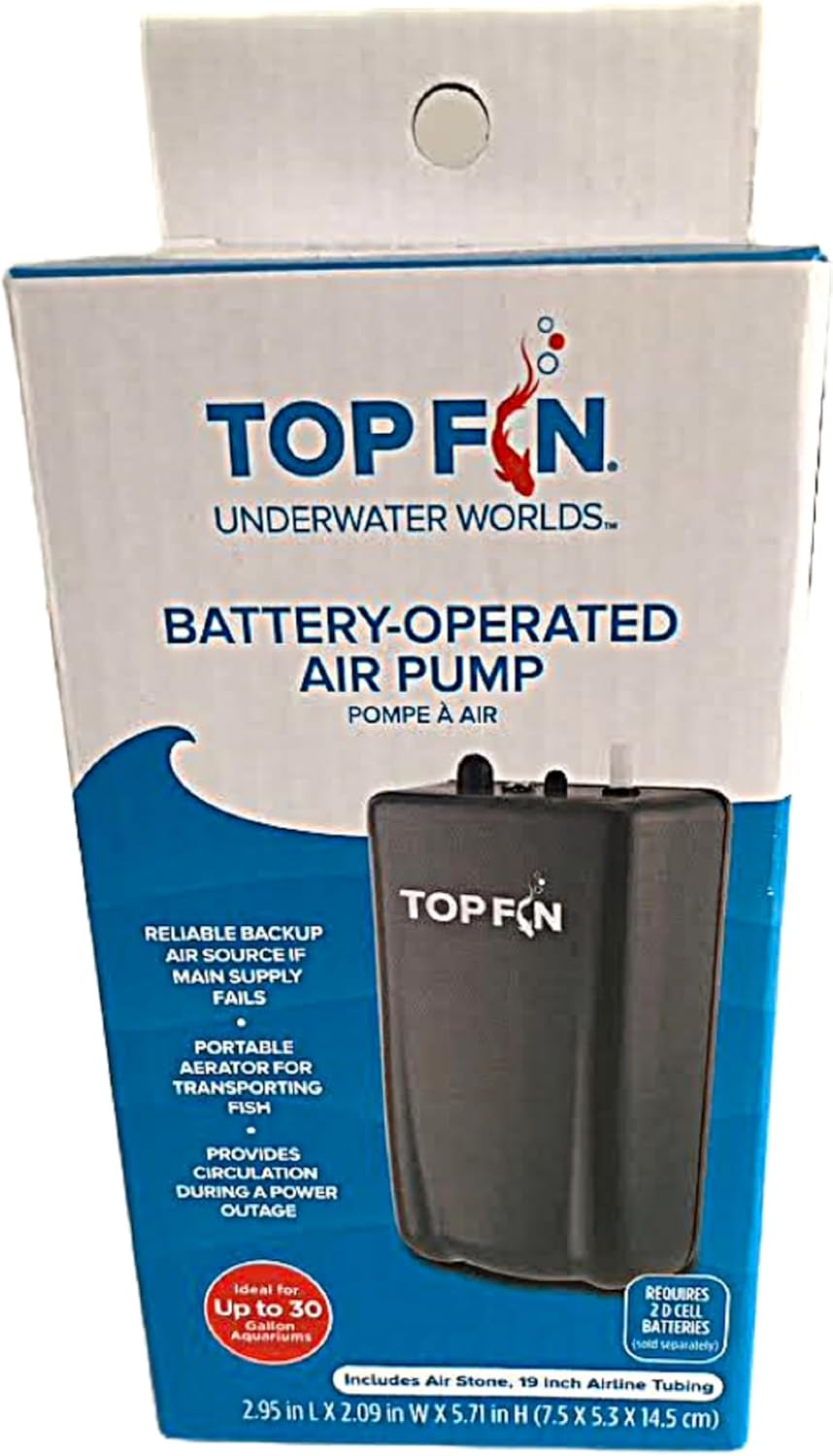 Battery-Operated Air Pump Ideal dor Up to 30 Gallon Aquariums. Includes: Pump, Air Stone, 19 Inch Airline Tubing. (Batteries NOT Included)