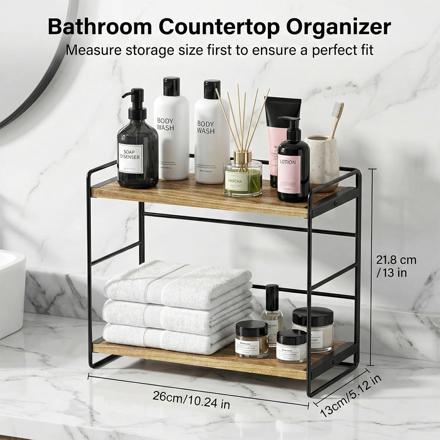 SRIWATANA 2 Pack Bathroom Counter Organizer, 2 Tier Countertop Organizers, Kitchen Counter Shelf Spice Rack Countertop Storage Wood Shelf - Carbonized Black