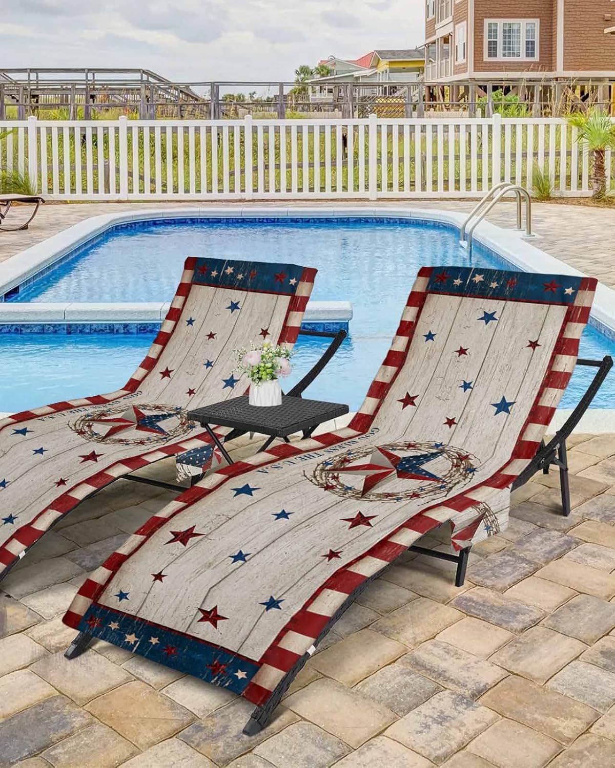 Country Red Blue Star Beach Pool Patio Lounge Chaise Chair Cover Towel With Pockets,Absorbent & Quick Dry Microfiber Towel Cover Bag Summer Accessories for Sunbathing Independence Day Rustic Flag