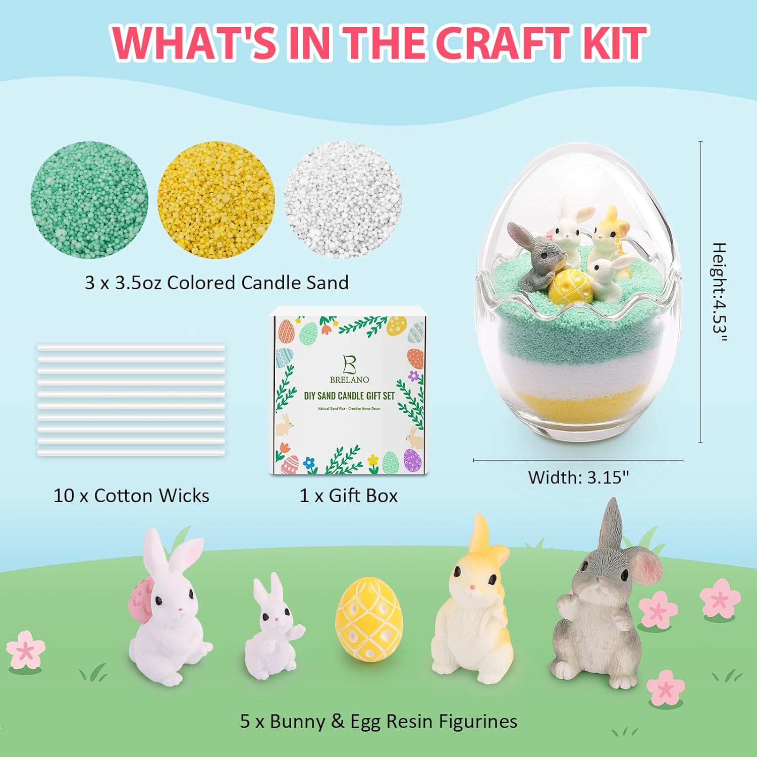 BRELANO Easter Craft Kit for Kids & Adults – DIY Sand Candle Making Kit with Bunny & Egg Decor, Colored Pearled Candle Sand, Cotton Wicks & Egg-Shaped Glass Jar, Easter Gift Set & Spring Home Decor