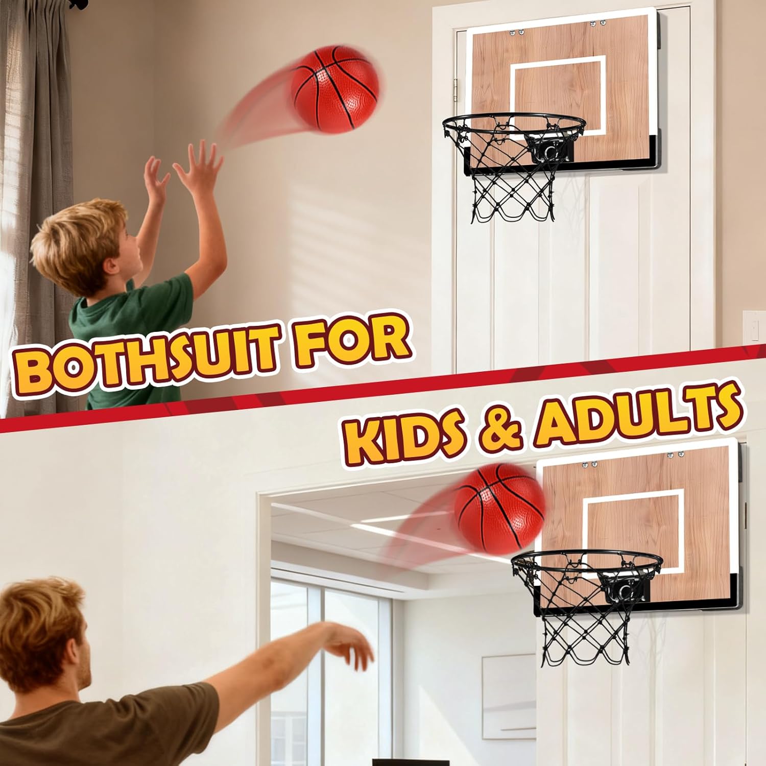 Indoor Basketball Hoop for Kids, Mini Basketball Hoops Over The Door and Wall Mount with Wooden Backboard, 3 Balls and Pump, Idea Toys Gifts for Kids and Adult
