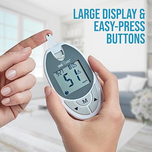 Miniatura 5 de ONE-CARE™ Kit de prueba de azúcar en sangre: sistema de monitoreo de glucosa con medidor, 10 tiras de prueba, dispositivo de punción, 10 lancetas y