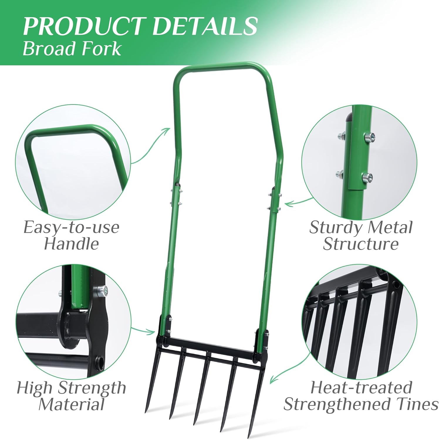 Broad Fork, Heavy Duty 5-Tine Garden Broadfork Hand Tiller, Digging Fork for Soil Aeration and Planting
