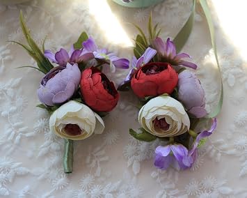 MOJUN Artificial Peony Buds Flower Wrist Corsage and Boutonniere Set for Wedding Party Prom Homecoming, Red