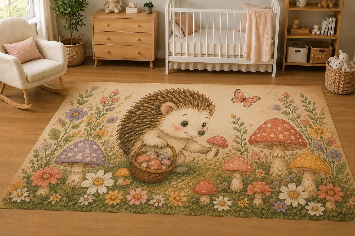 ICE ARMOR 5' x 7' Wildflower Bunny Garden Area Rug, Soft Low Pile Indoor Rug with Non-Slip Silicone Backing, Floral Nursery Carpet for Kids Room, Playroom, Bedroom
