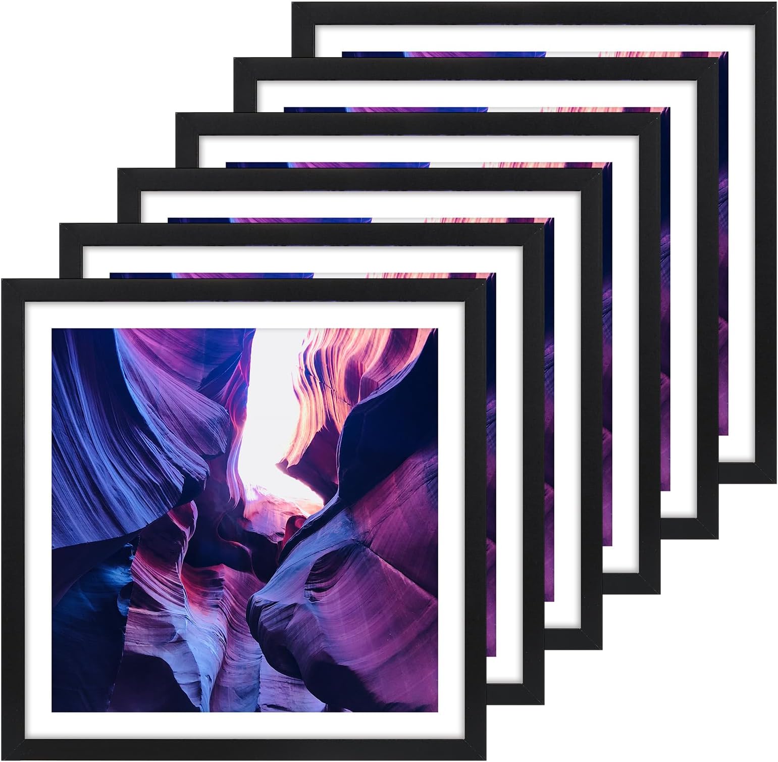 TWING12x12 Picture Frames Set of 6, Black Gallery Wall Frame Set Display Photo 8 x 8 with Mat or 12 x 12 without Mat Wall Mounting Composite Wood