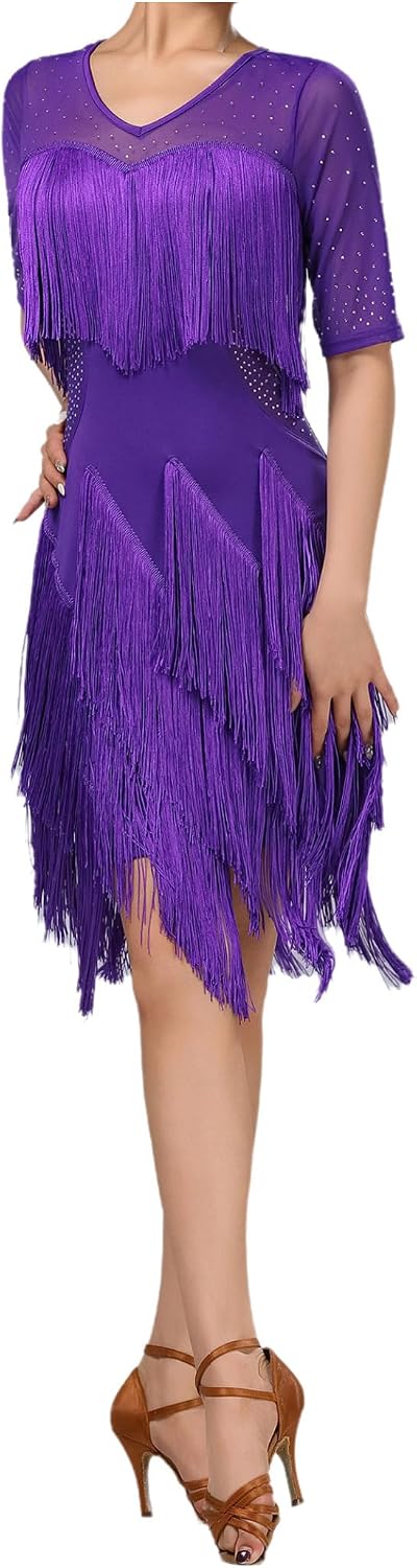 Latin Dance Dress for Women Solid Color Short Sleeve Tiered Tassel Swing Dress Salsa Ballroom Dress