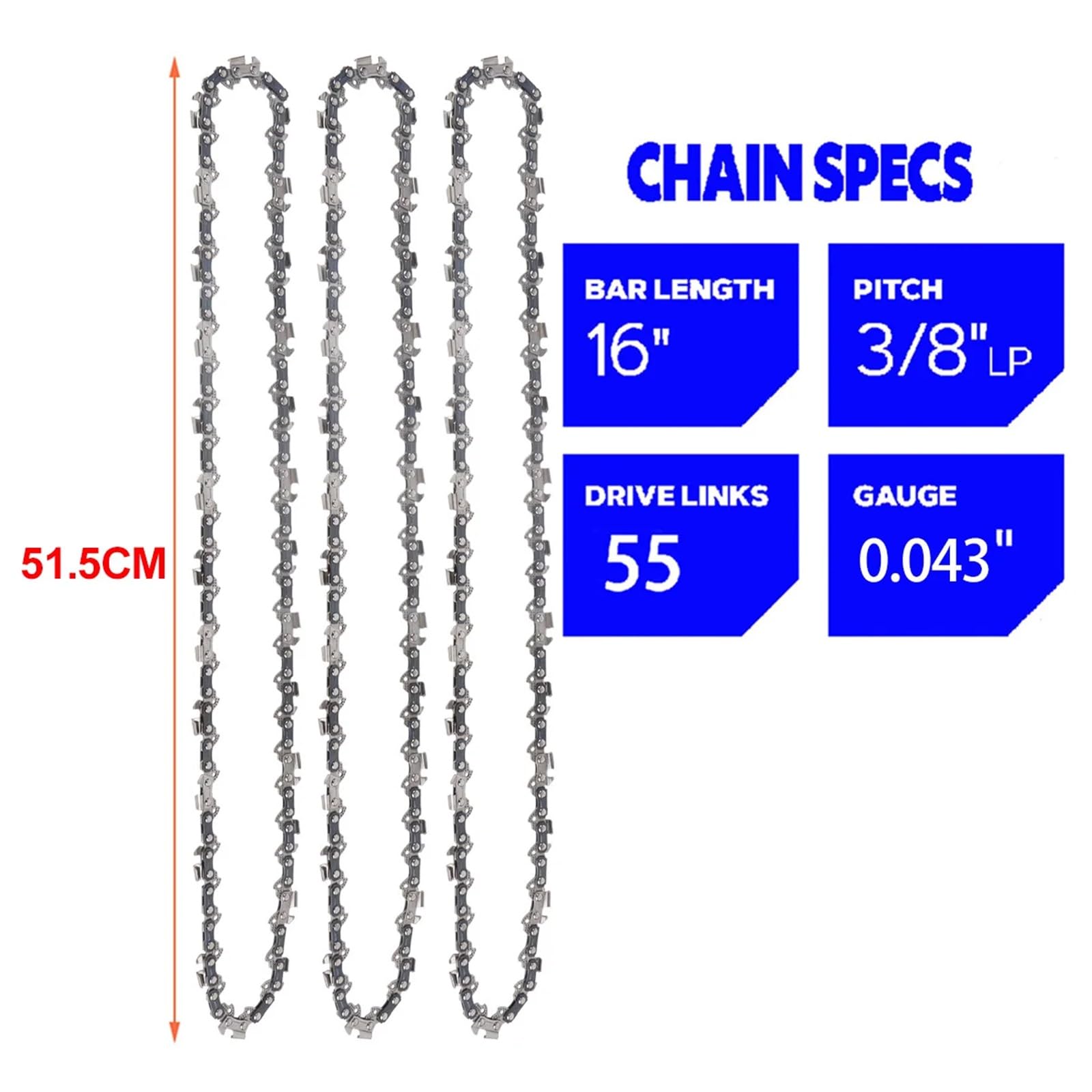 Piezas de repuesto cadena motosierra metal 16 pulgadas, 55 eslabones transmisión, sierra semicincel calibre 3/8 Lp.043, para corte Cadena de corte de madera(3pcs)