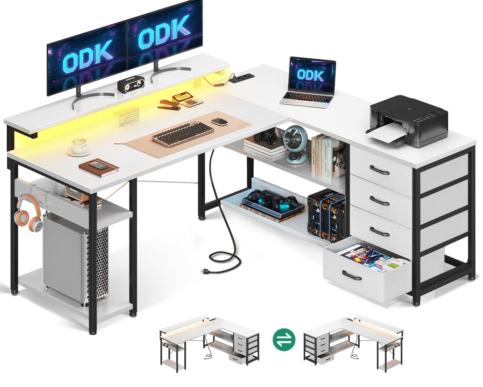 ODK Escritorio con Cajones, Escritorio Esquinero Reversible con 2 Enchufes y 2 Puertos USB, Mesa de Oficina en Forma de L con LED para Oficina en Casa, Blanco, 135×110 cm