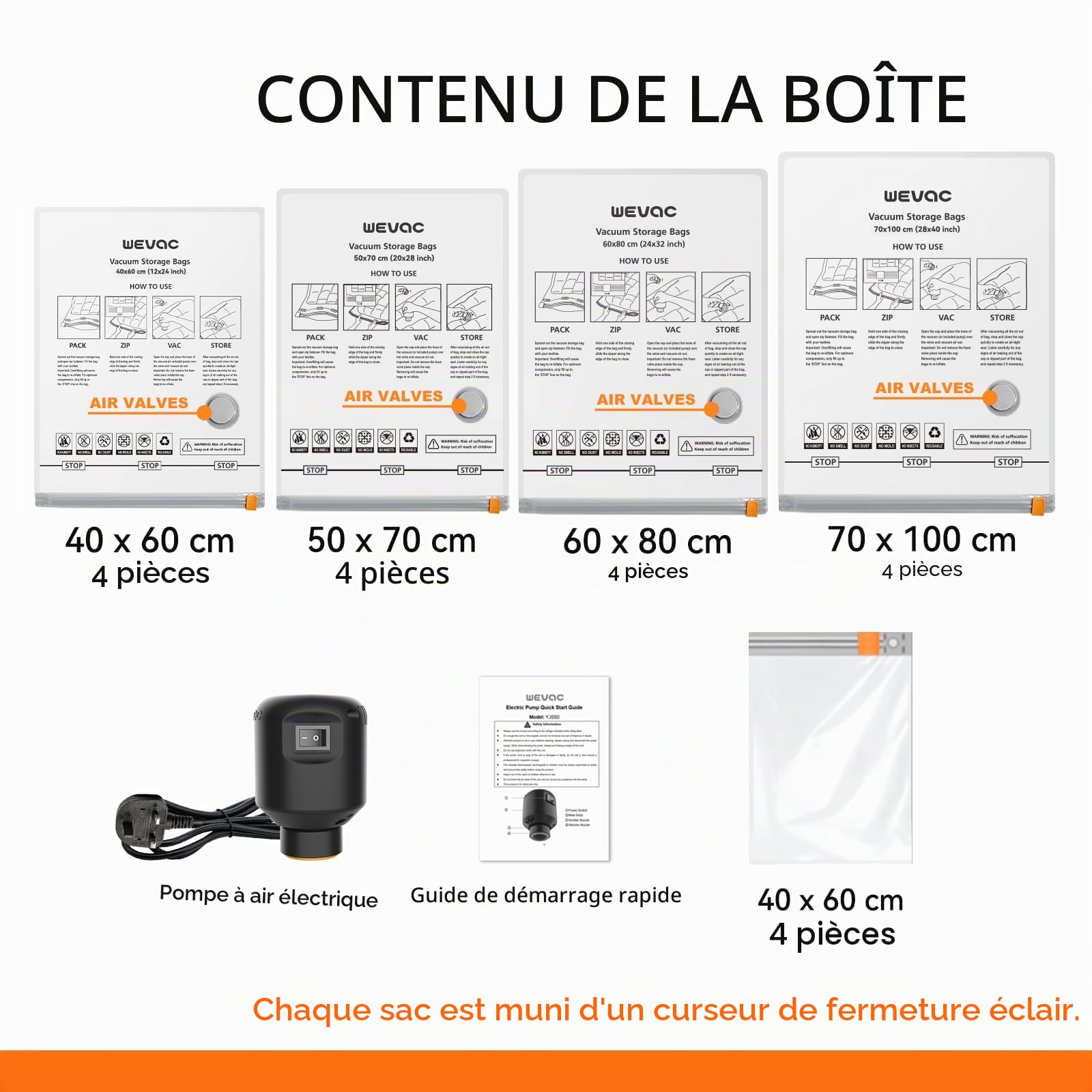 Wevac 20 pièces Sac Vetement Sous Vide Aspirateur (4XL, 4L, 4M, 4S, 4 Rouleaux) avec pompe électrique, sac vide air vêtements Compression de Voyage Réutilisables pour les Couettes, la Literie