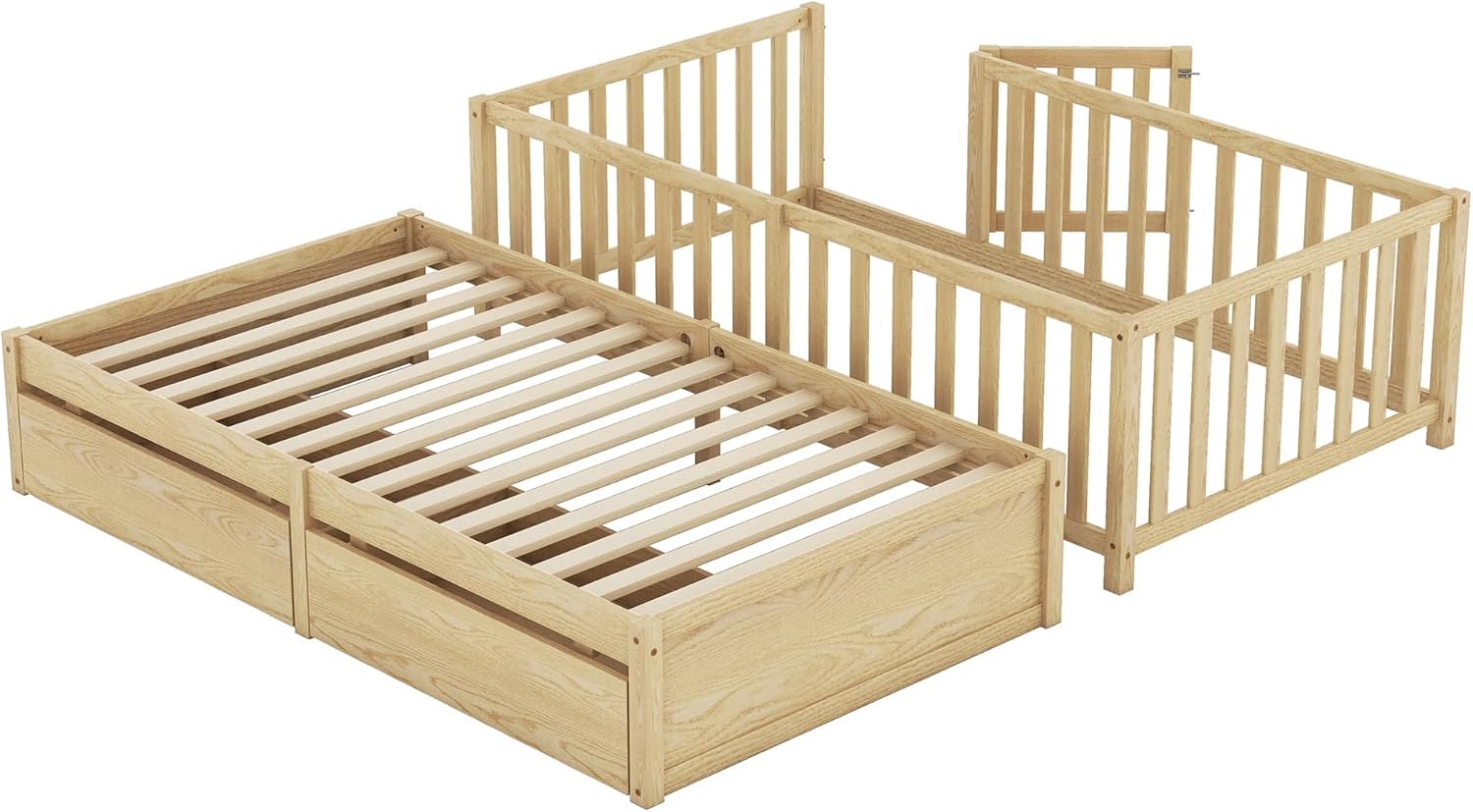 Bellemave Kids Twin Storage Bed Frame with Rails Fence and 2 Drawers, Wood Twin Daybed Frame Montessori Bed for Kids Girls Boys, Can Split into Independent Floor Bed & Daybed, Natural