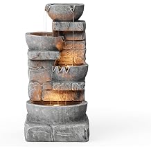 Teamson Home Cascading Bowls & Stacked Stone Outdoor Water Fountain with LED Light, Grey