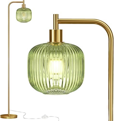 QiMH Lámpara de pie de cristal para sala de estar, lámpara de pie moderna con interruptor de pedal de pantalla de vidrio acanalado, lámpara de 67