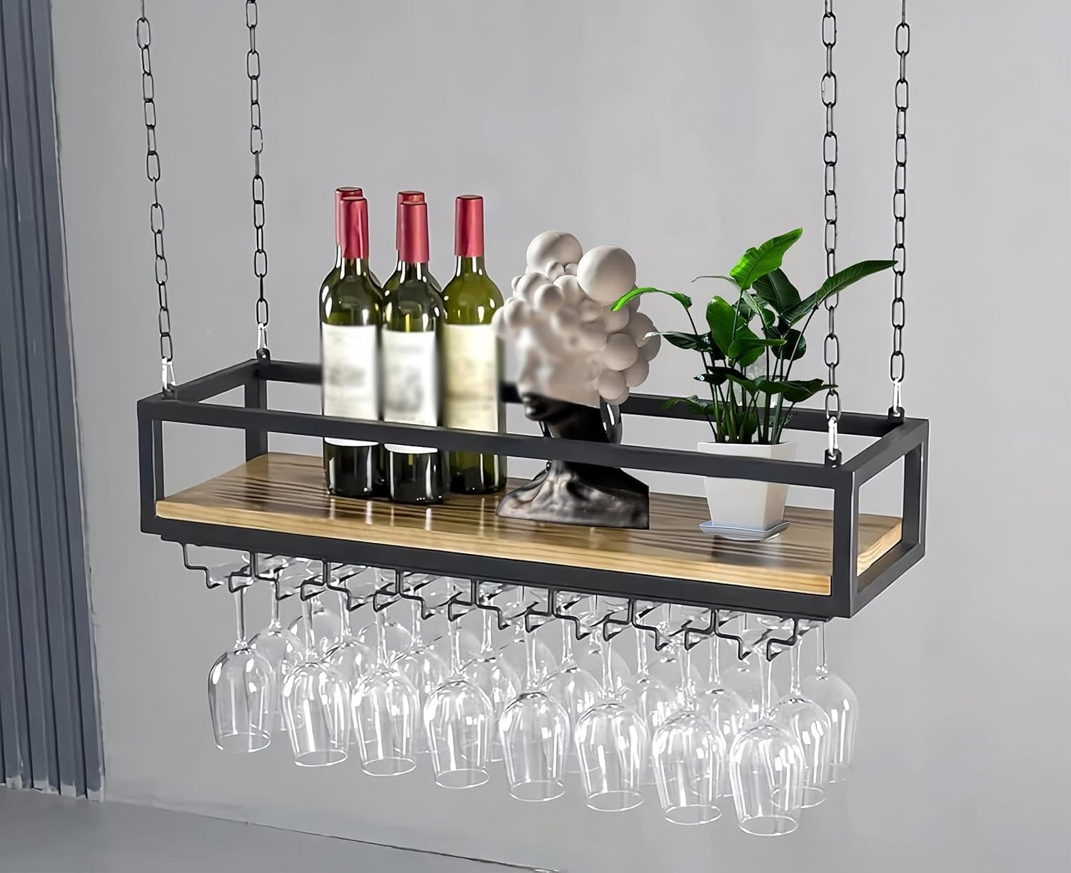 39 Inch Ceiling Wine Glass Rack, Hanging Wine Rack with Glass Holder and Shelf, Industrial Hanging Wine Bottle Holder, Black Metal Ceiling Shelf for Bar Cafe Kitchen Black 31 Inches