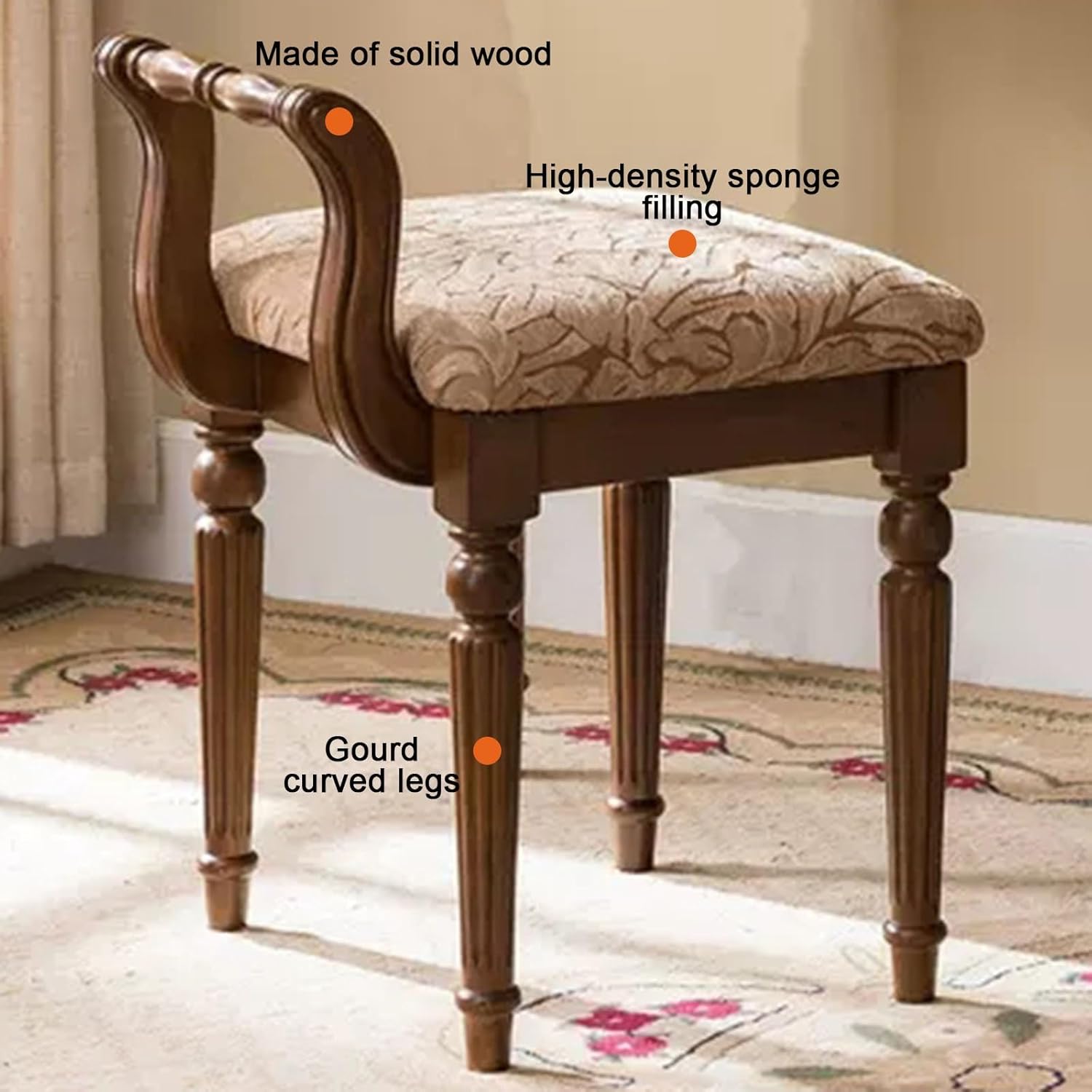 Solid Wood Vanity Bench Stool, Low Back Makeup Stool, Carved Legs Piano Stool, for Makeup Room Bedroom