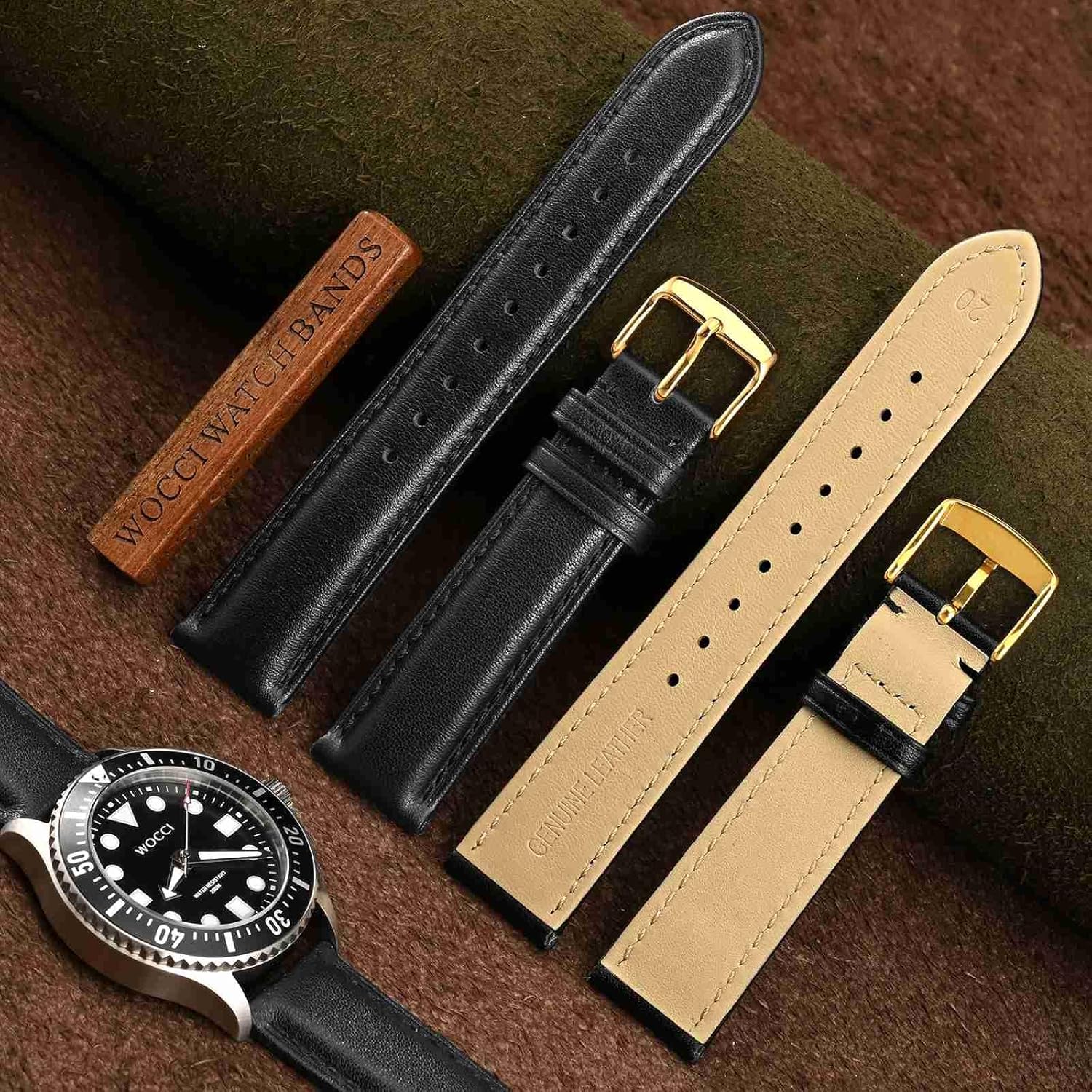 WOCCI 20mm Vintage Leather Watch Band for Men and Women, Gold Buckle (Black) - Image 3