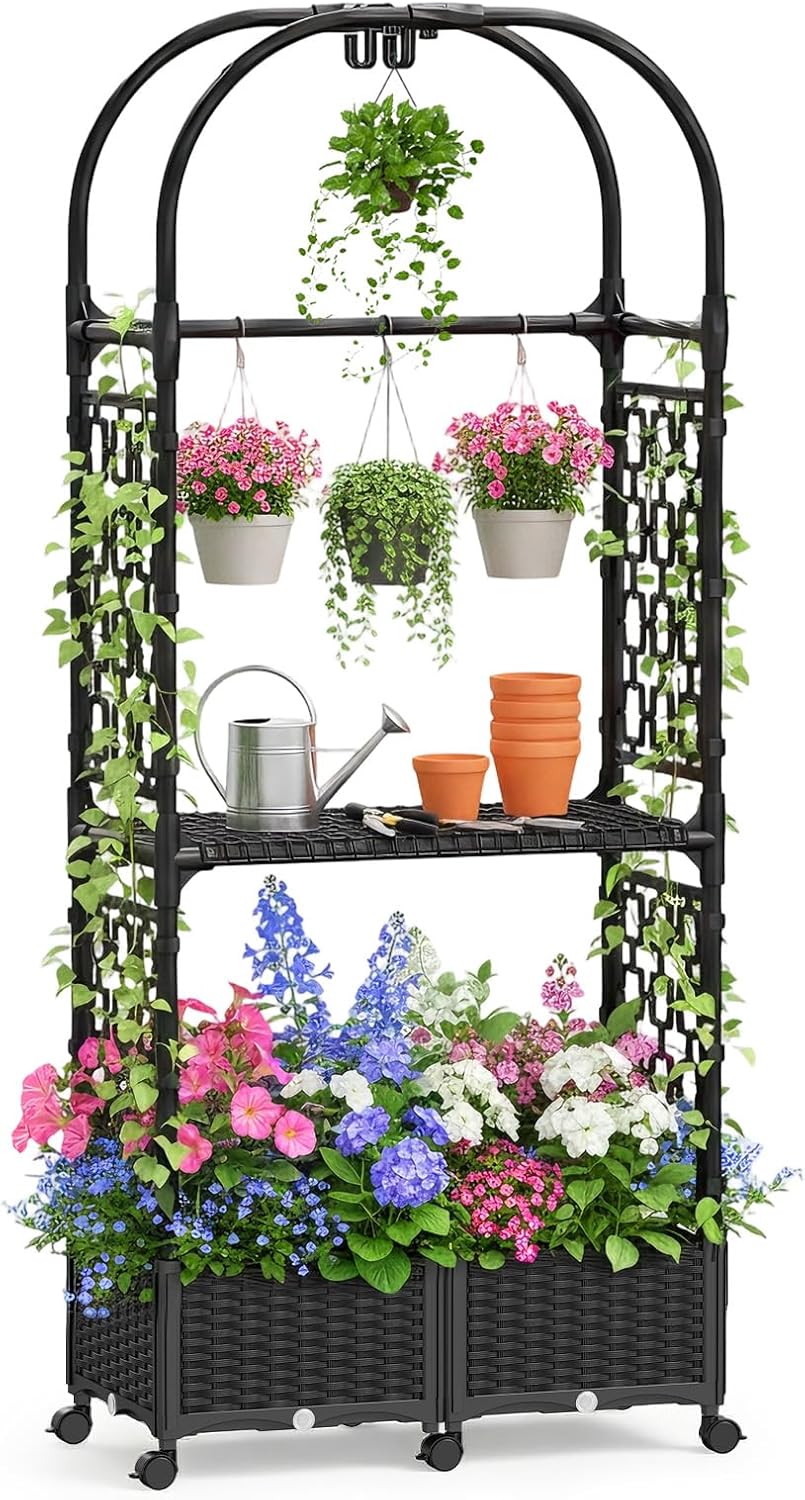 71" H Raised Garden Bed with Arch Trellis for Vine Climbing Plants,3 in 1 Planter Box with Trellis,Hanging Roof,Drainage Holes & Metal Storage Rack for Gardening Flowers Vegetables Fruit,Black