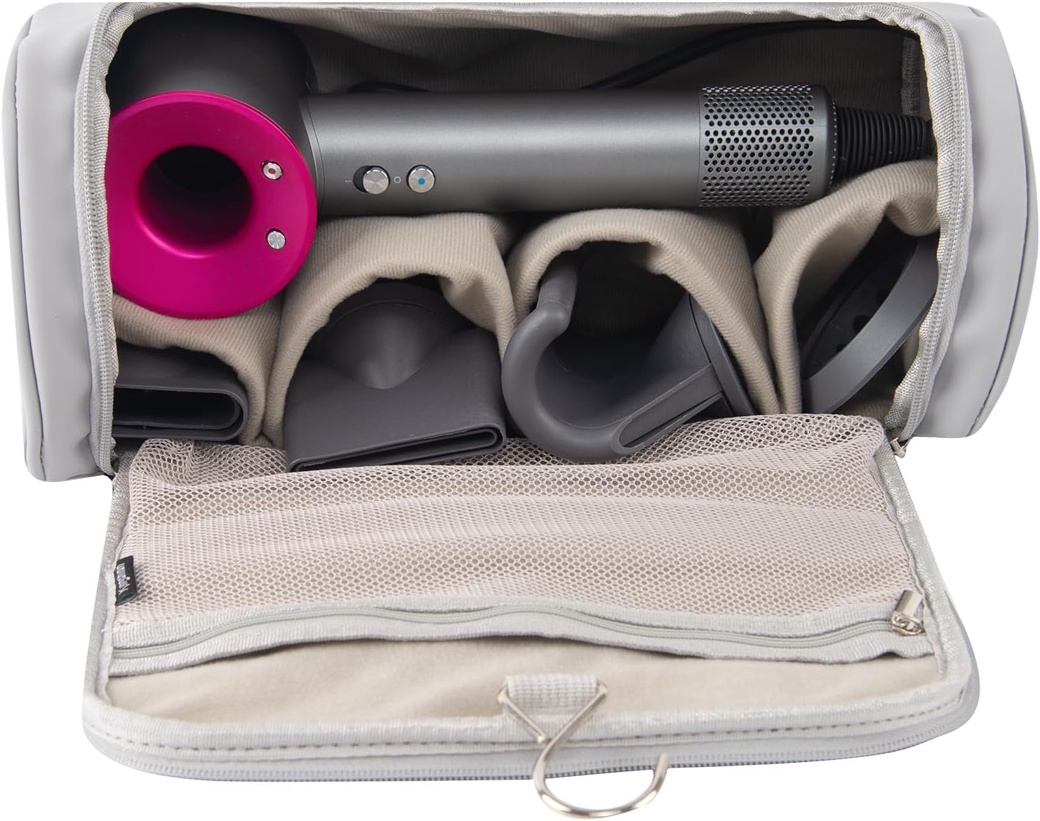 Hair Tool Organizer Case Compatible with Hair Dryer & Curling Iron - Premium Smooth PU Leather Storage Bag with Wall-Mountable Hook, Mesh Pocket, 4 Slots for Detachable Replacement Heads (Gray) image 4