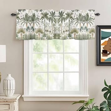 Tropical Green Palm Tree Valances for Windows Farmhouse Kitchen Curtains Valances Rod Pocket Valance Curtains for Kitchen Windows Summer Beach Cactus Window Valance for Bedroom Bathroom 42"x12"