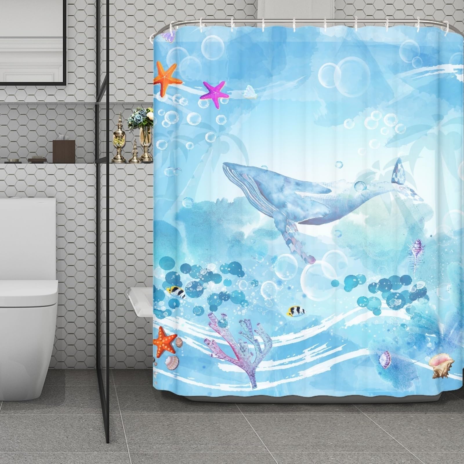 Rideau de douche baleine pour transformer l'ambiance de la salle de bain