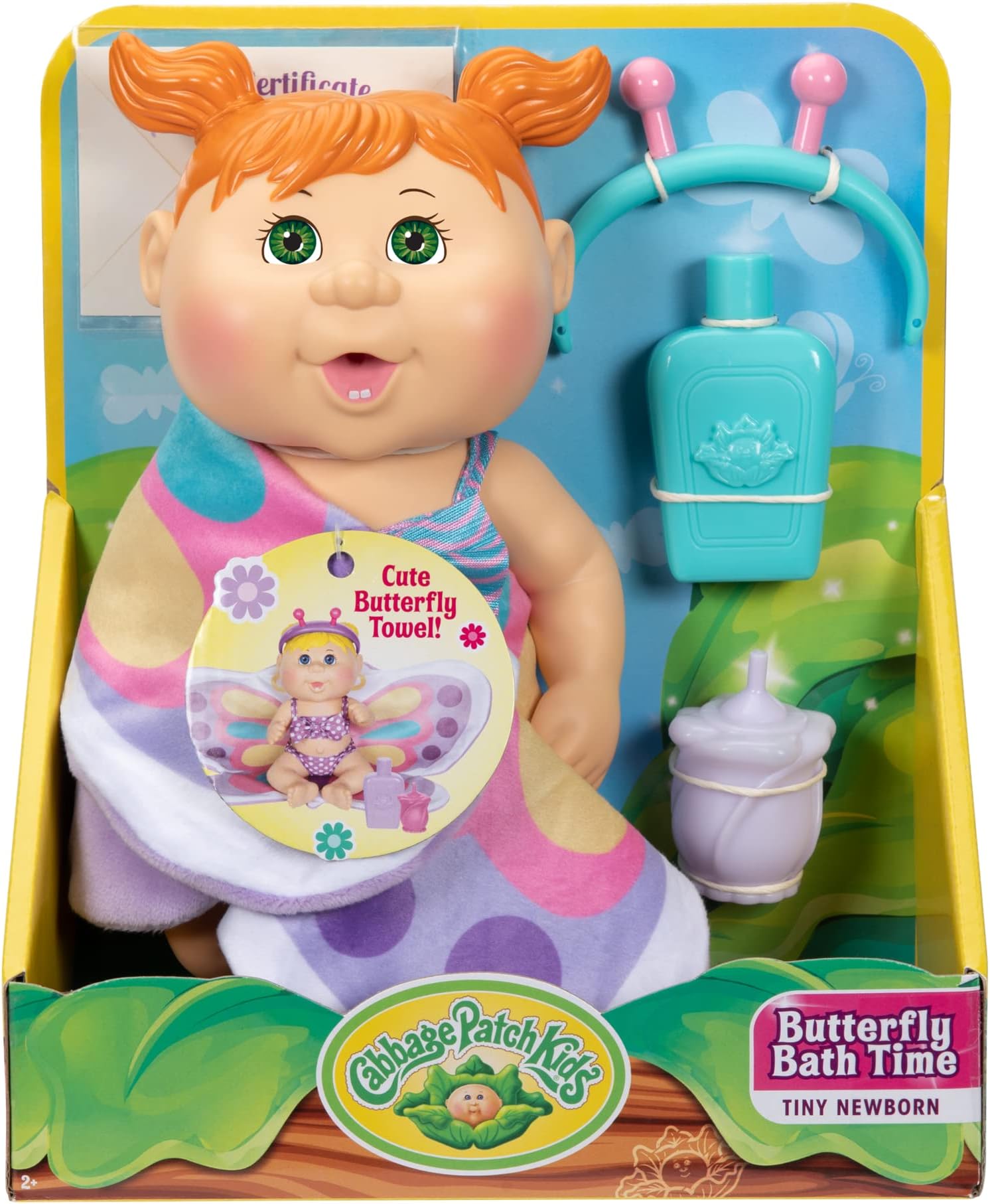 Cabbage Patch Kids Butterfly Bath Time Tiny Newborn with Butterfly Wrap Towel, Headband, Bottle, Bath Soap Bottle, & Mini Birth Certificate- 9" Red Hair, Green Eyes - Play in or Out of Water