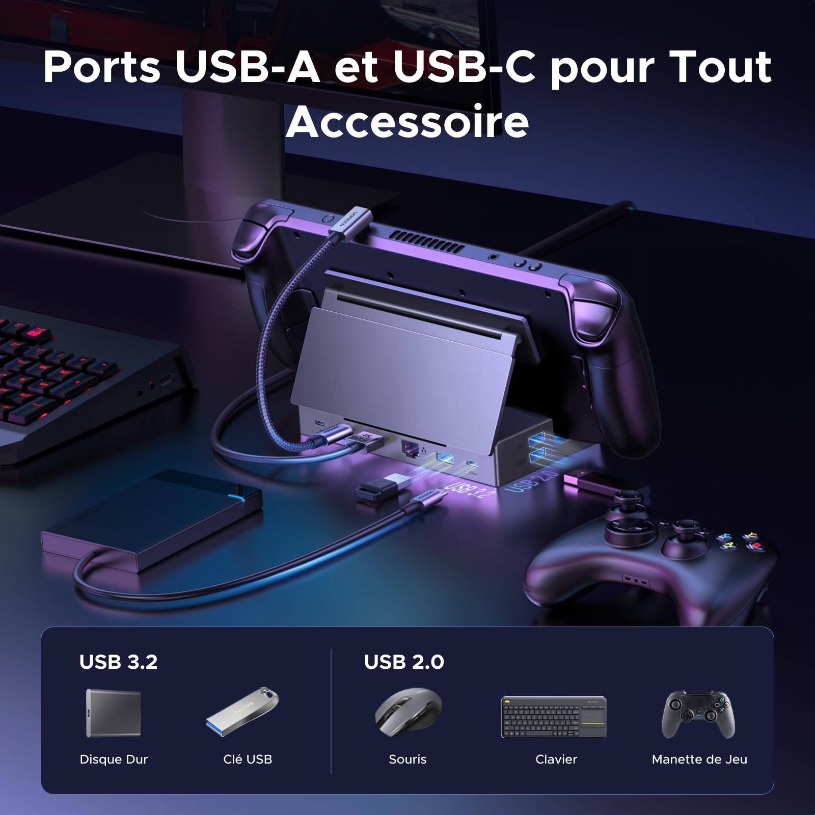 UGREEN 9 en 1 Docking Station USB C DP 4K 120Hz Compatible avec Steam Deck OLED LCD ROG Ally X Legion Go MSI Claw Dock USB C Adaptateur Ethernet Gigabit Data Ports 10Gbps PD 100W Lecteur Carte SD TF
