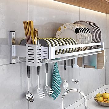Stainless Steel Wall-Mounted Dish Rack, Dish Drying Rack with Drip Tray, Cutlery Rack and Cutting Board Rack, Silver80x30cm