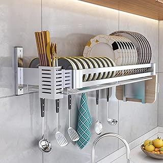 Wall-Mounted Stainless Steel Kitchen Storage Rack - Dish Drying Rack with Drip Tray, Cutlery Holder & Cutting Board Organizer - Silver Space-Saving Shelf for Efficient Kitchen Storage