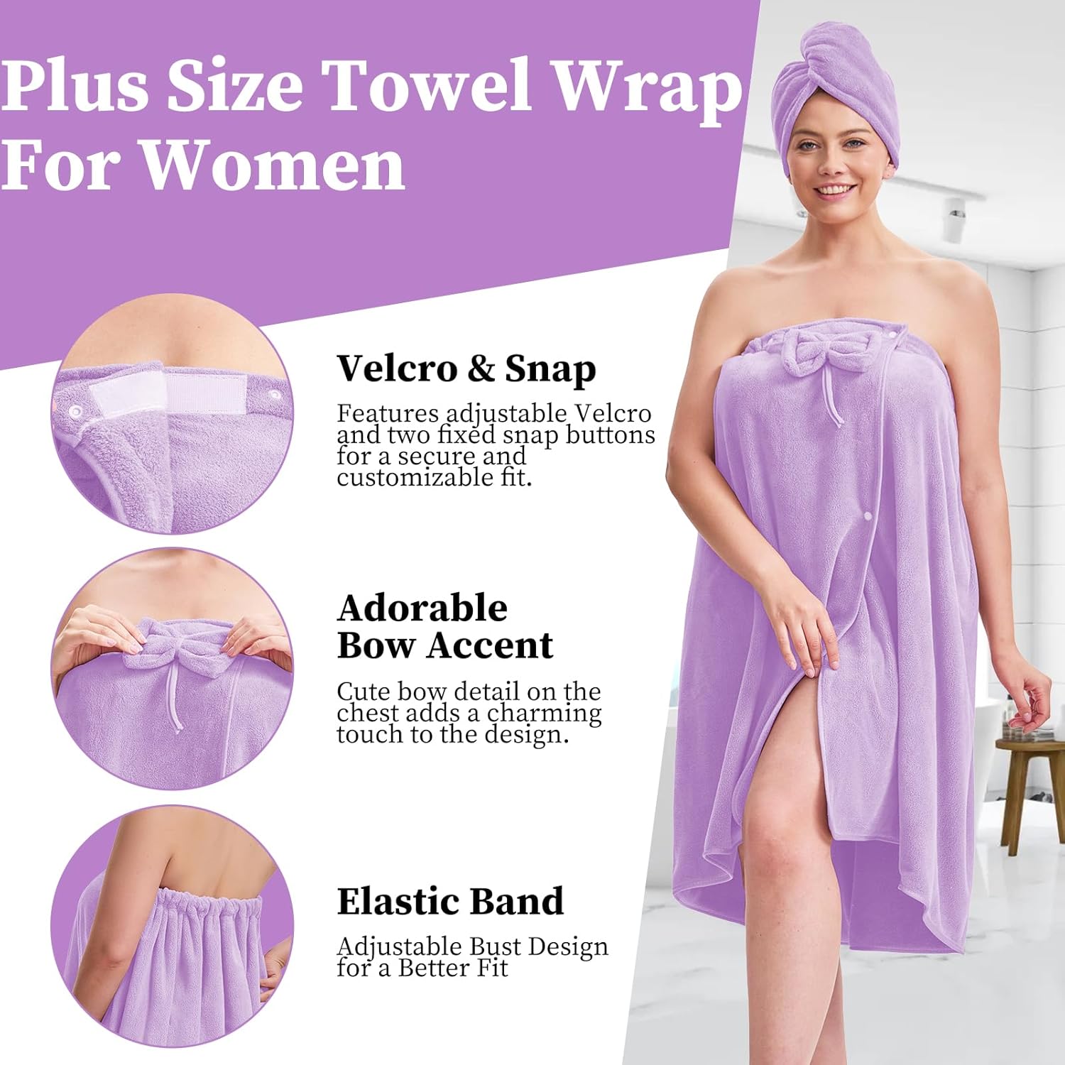 Bath Towels Wrap for Women, Quick-Dry Shower Body Wrap & Hair Towel with Secure Closure (Light Purple, XXL-XXXXL)