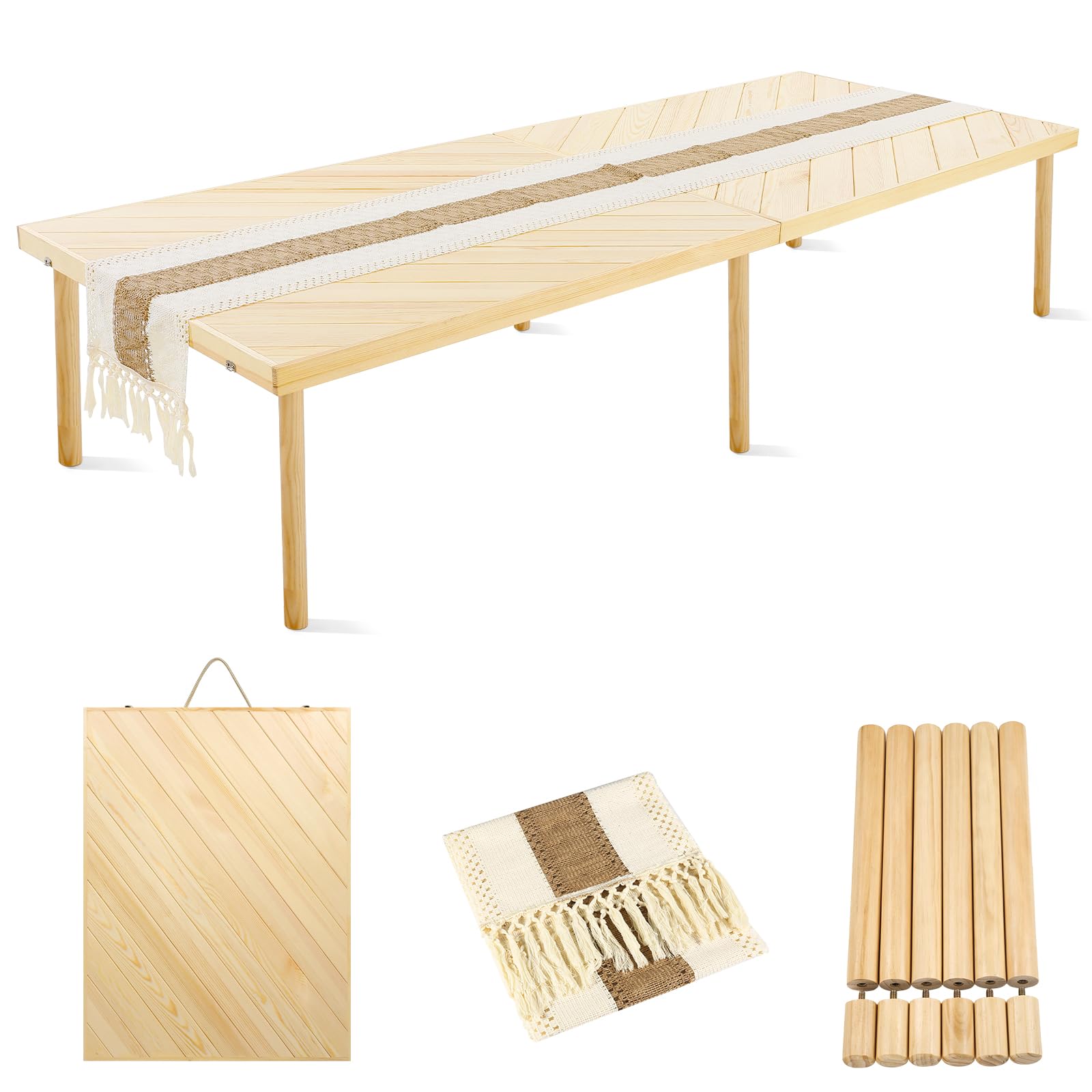 Photo 1 of Folding Picnic Table with Table Runner, Portable Boho Low Picnic Table for Indoor Outdoor, 80" x 30" Wooden Table with Adjustable Heights for Camping, Wedding, Beach, Garden, Party (Large Size for 8)