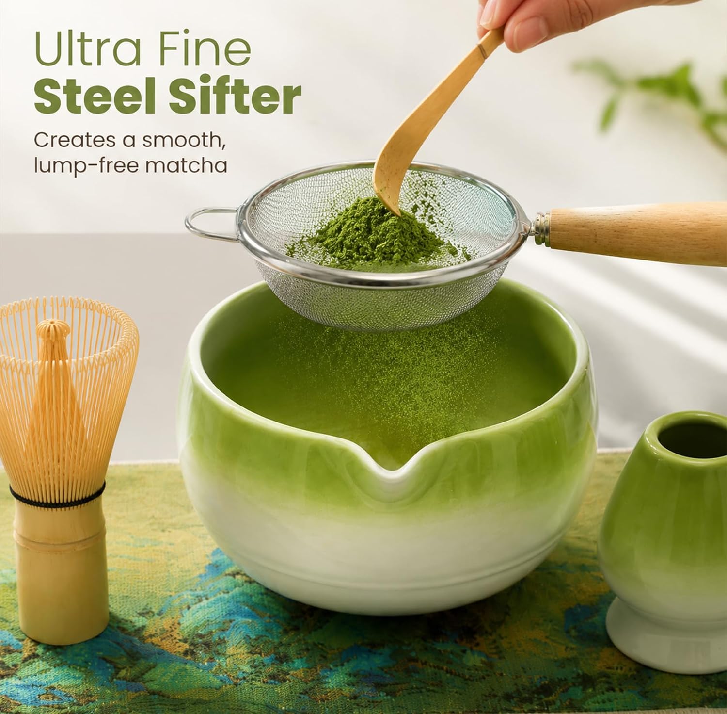 Matcha Whisk Set, 8-Piece Japanese Matcha Set with Handmade Ceramic Bowl, 100-Prong Bamboo Whisk, Scoop & Holder, Premium Matcha Tea Kit for Beginners and Gift Giving（Gradient Green）