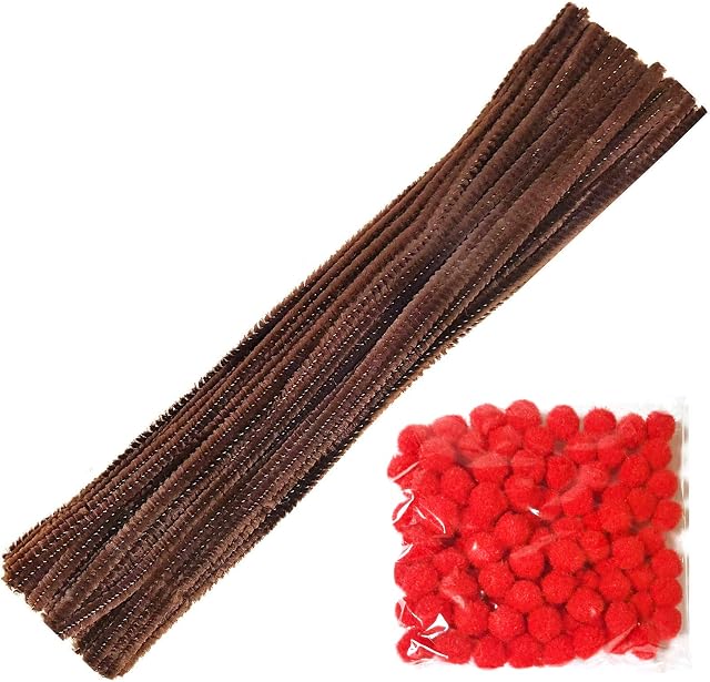 100 Brown Pipe Cleaners + Includes Packet of Red Pompoms