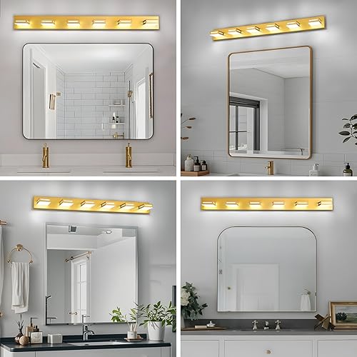 Miniatura 42 de Lámparas LED modernas para tocador (3 lámparas, 24 pulgadas), accesorios de iluminación para pared de baño acrílico dorado sobre espejo