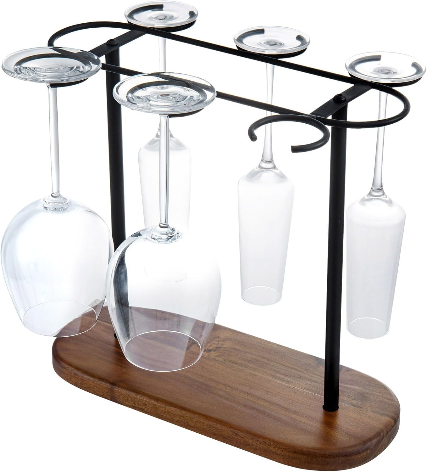 MyGift 6 Glass Solid Acacia Wood and Matte Black Metal Wire Countertop Wine Glass Holder – Industrial Stemware Hanger Rack for Bar or Kitchen Display