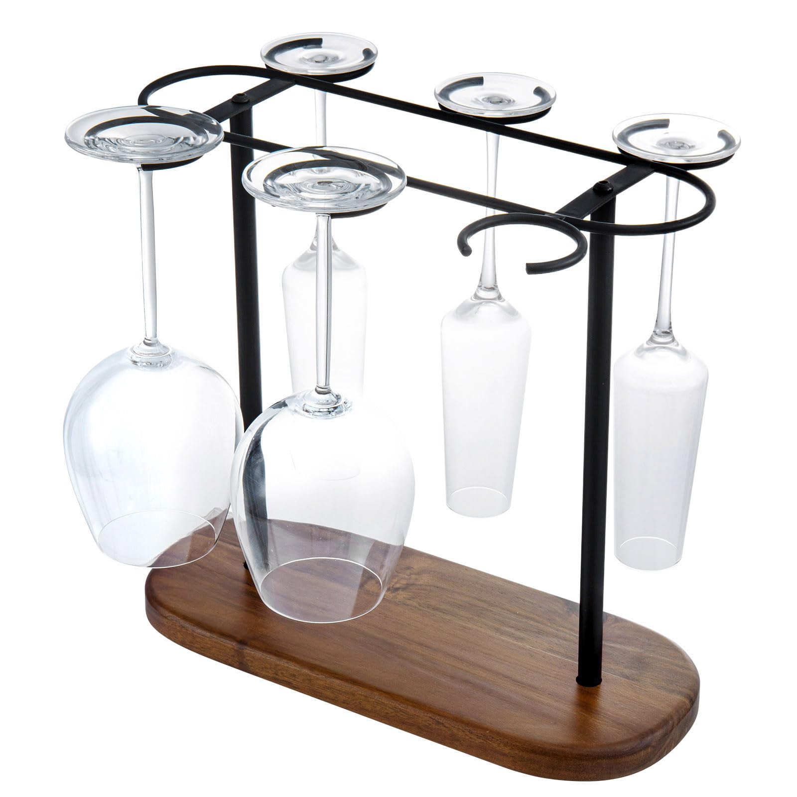 MyGift 6 Glass Solid Acacia Wood and Matte Black Metal Wire Countertop Wine Glass Holder – Industrial Stemware Hanger Rack for Bar or Kitchen Display
