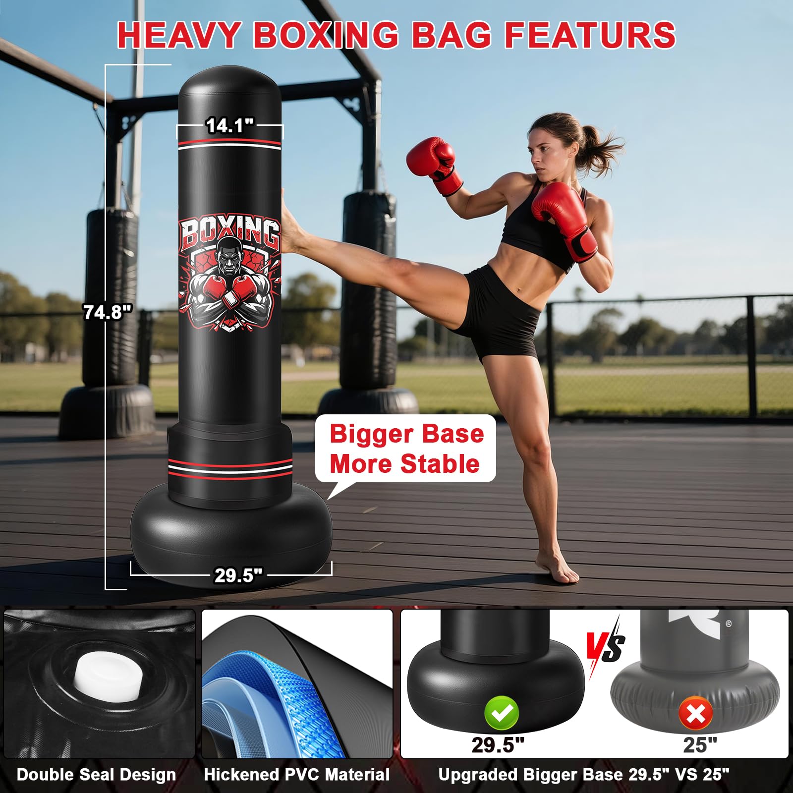 Ninonly Sacco da boxe in piedi per adulti, 190 cm, con guanti e pompa | Sacco da boxe pesante, per donne e uomini, kickboxing, MMA, Muay Thai, fitness, principianti, installazione rapida
