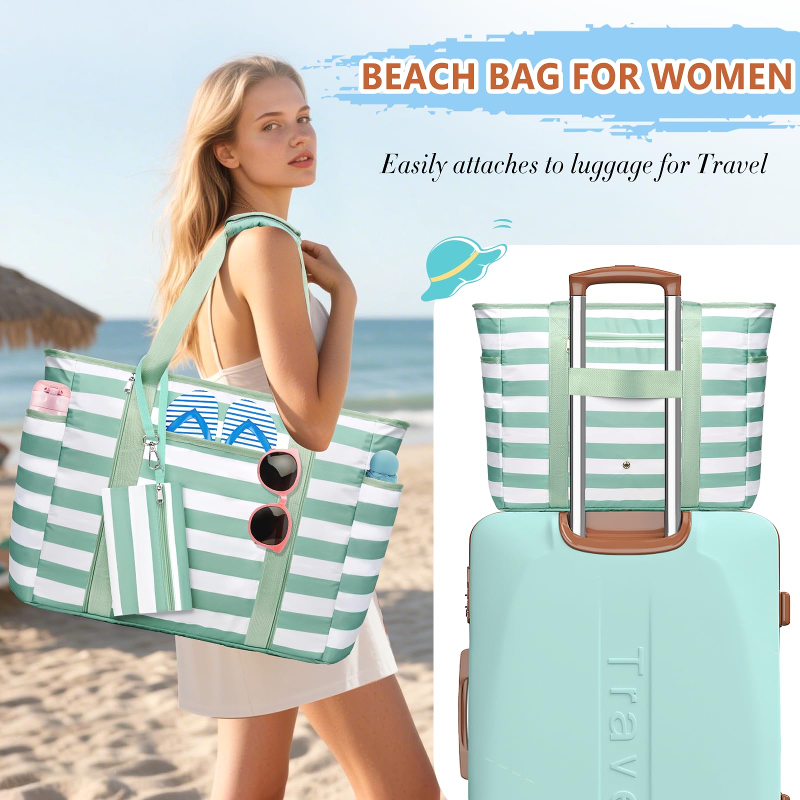 Bolso Playa Mujer, 45L Bolso Playa Grande XXL Familiar con Cremallera, Impermeable Bolso Piscina Mujer Plegable Compartimento para Artículos Mojados Para Viajes, Picnic, Vacaciones