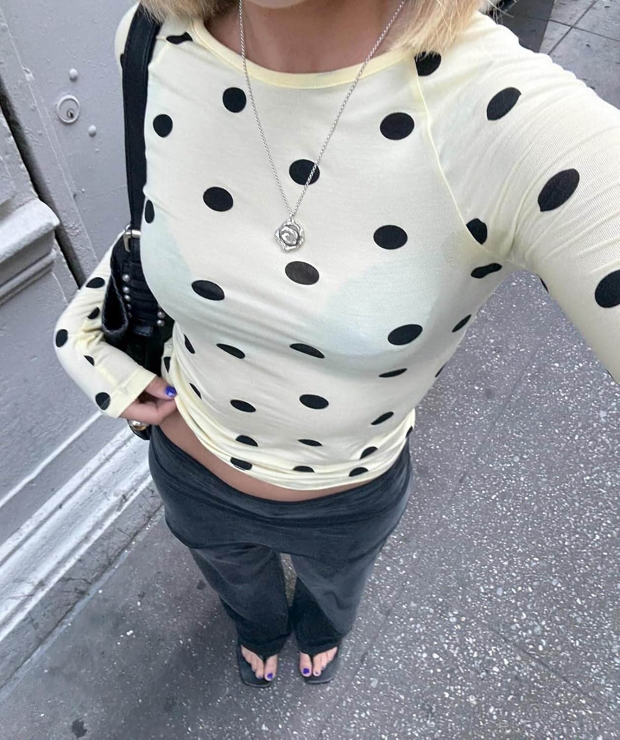 Women Y2k Long Sleeve Polka Dot Top Vintage Dot Print Slim Fit Going Out Crop Tops Cute Aesthetic Crew Neck Shirt Blouse - Image 5